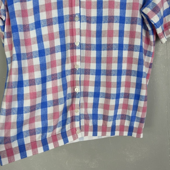 Talbots size L short sleeve lightweight cardigan navy pink check cotton blend - Picture 4 of 10